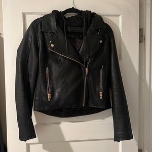 Hooded leather moto jacket